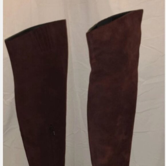 37.5/7❤️SAINT LAURENT Burgundy SUEDE Leather Low Heel OVER THE KNEE Tall BOOTS - Picture 9 of 11
